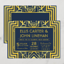 Navy & Guld Geometriska Bröllopsinbjudningar