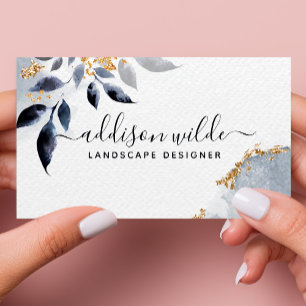 Navy Guld Glitter Botaniska blad Modernt lövverk Visitkort