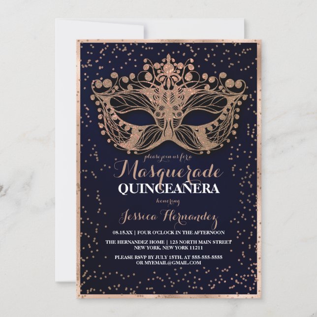 Navy Guld Glitter Confetti Masquerad Quinceañera Inbjudningar (Framsida)