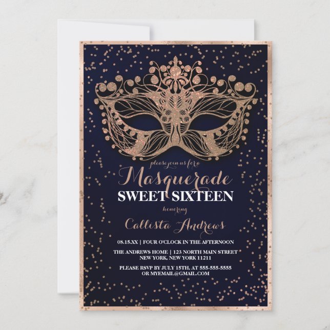 Navy Guld Glitter Confetti Masquerad Sweet 16 Inbjudningar (Framsida)