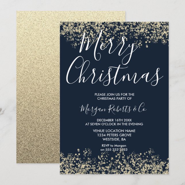 Navy Guld Glitter Corporate Family God Party Inbjudningar (Fram/baksida)