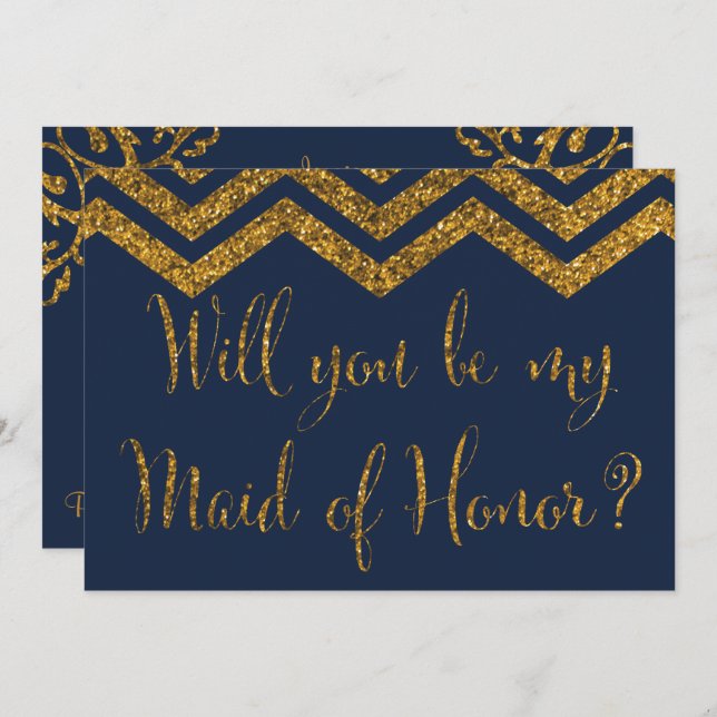 Navy & Guld Glitter, kommer du att vara min Maid o Inbjudningar (Fram/baksida)