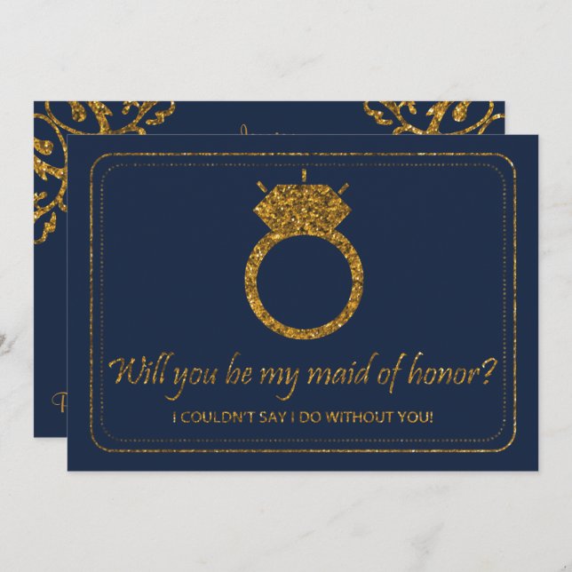 Navy & Guld Glitter, kommer du att vara min Maid o Inbjudningar (Fram/baksida)