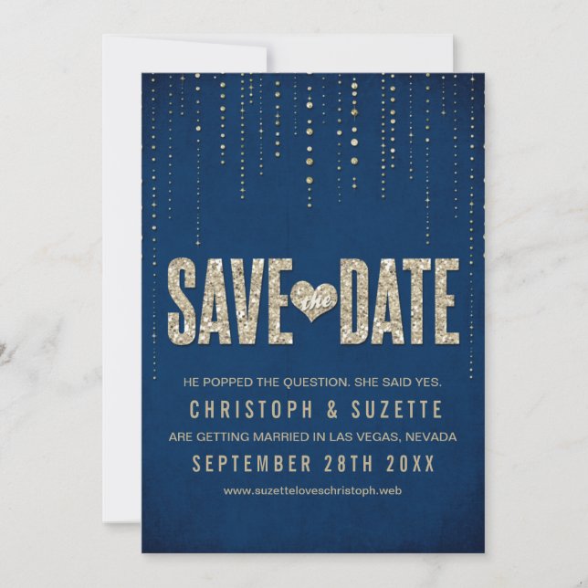 Navy & Guld Glitter Look Save The Dates Spara Datumet (Framsida)