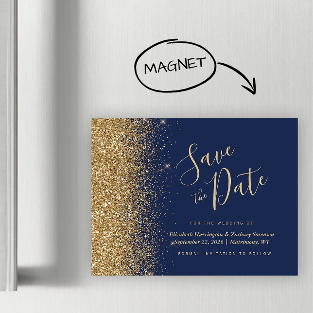 Navy Guld Glitter Magnetisk Bröllop Spara Datum (Skapare uppladdad)