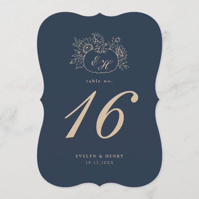 Navy Guld Höst Die-Cut Monogram Bordnummer Inbjudningar (Framsida)