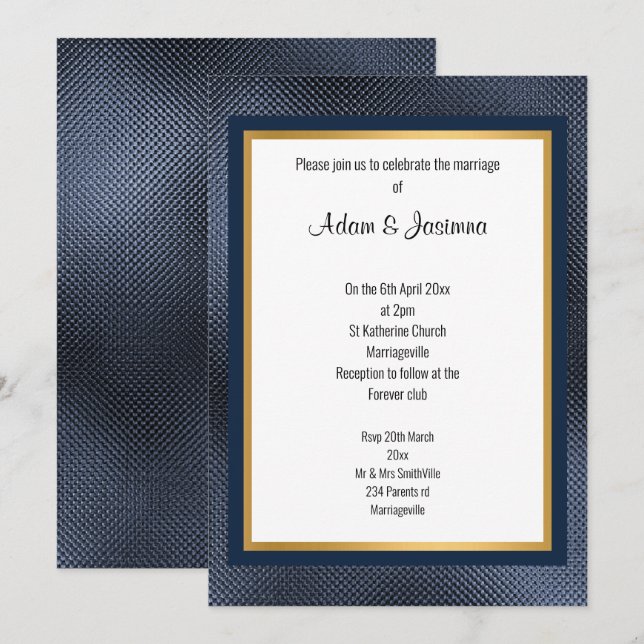 NAVY GULD LAYERED EMBOSSED WEDDING INVITATION INBJUDNINGAR (Fram/baksida)