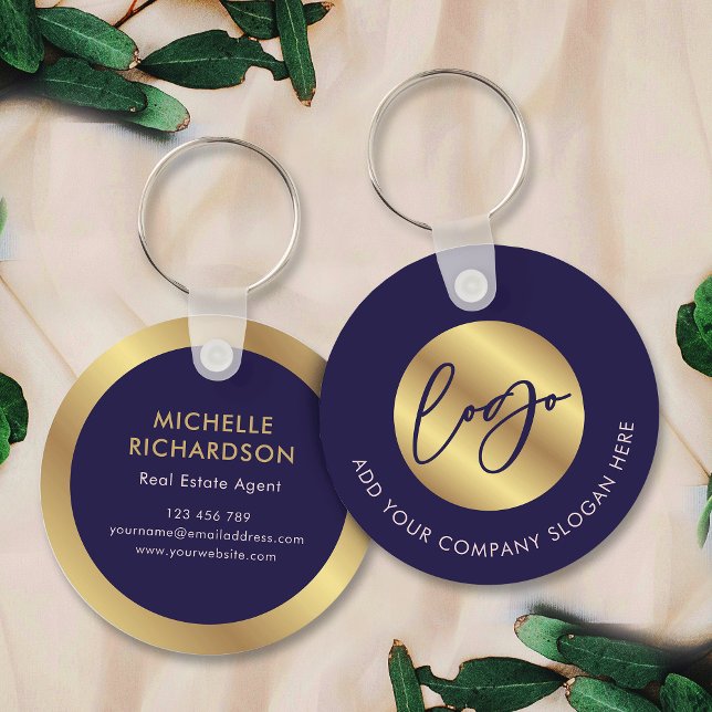 Navy & Guld Logotyp Real Gods Business Promotional Nyckelring (Navy blue and gold promotional branded business logo keyring)