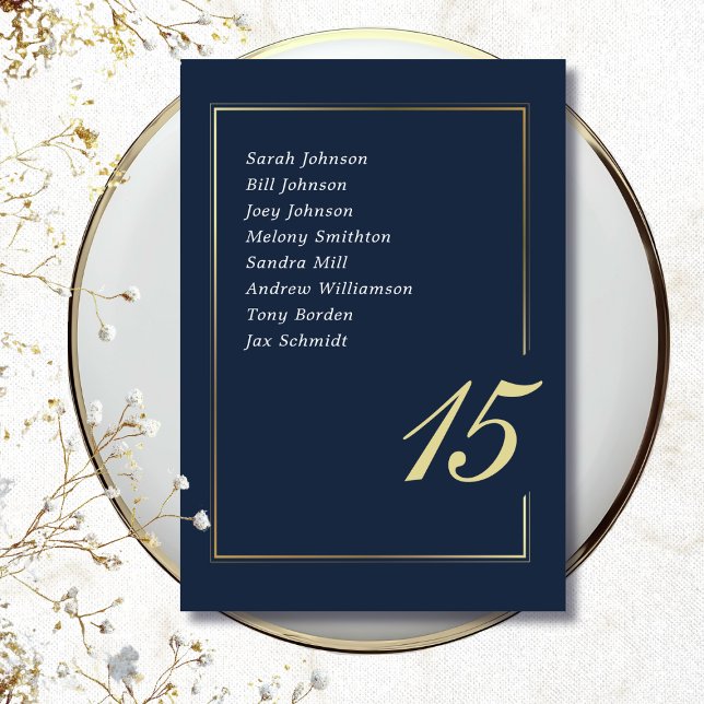 Navy Guld Minimal Border Script Typografi Bröllop Bordsnummer (Skapare uppladdad)