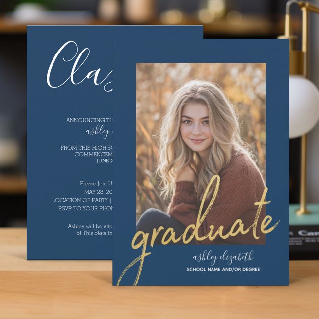 Navy Guld Modern Examen Foto Annonsering Inbjudningar (Graduation Invitation - Classic)