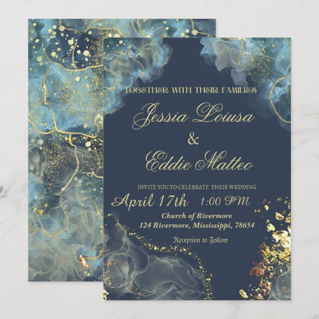 Navy Guld Modern Glitter Inbjudningar (Fram/baksida)