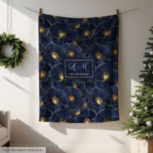 Navy Guld Monogram Filt Blanket Chic Blommig Dekor
