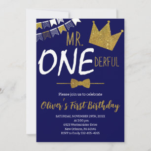 Navy & Guld, Mr. Onederful Inbjudan, Boy 1st Birth Inbjudningar