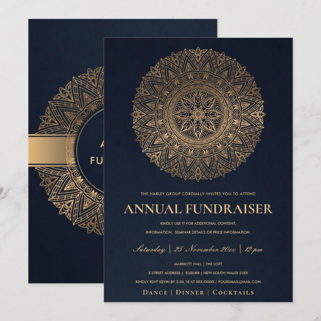 NAVY GULD ORNAMENTAL MANDALA KORPORATIV FEST EVENT INBJUDNINGAR (Fram/baksida)