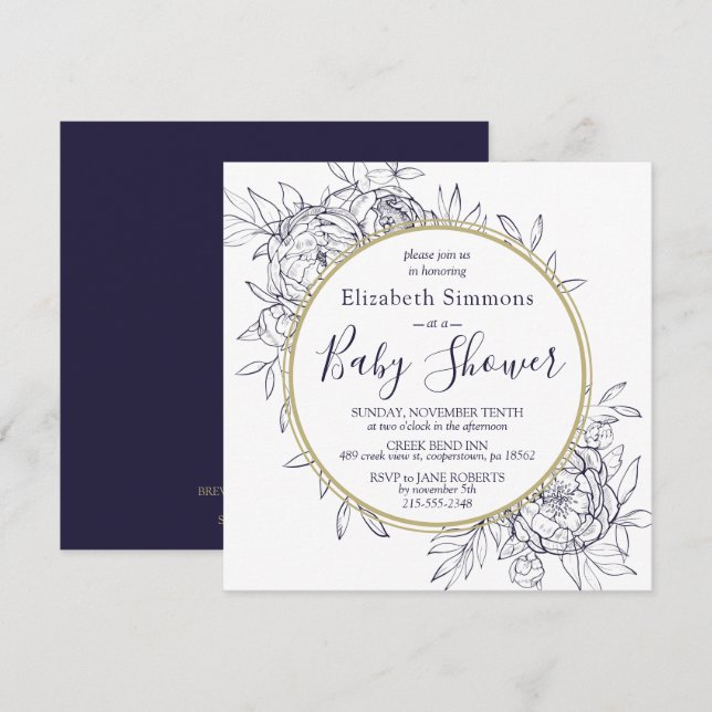 Navy & Guld Peony Modern Blommigt Toile Baby Showe Inbjudningar (Fram/baksida)