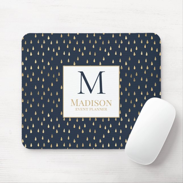 Navy Guld Regndrop Modern Trendig Monogram Musmatta (Med mus)