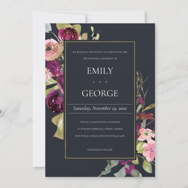 NAVY GULD ROSA BURGUNDY RO BLOMMIGT WEDDING INVITE TACK KORT (Framsida)