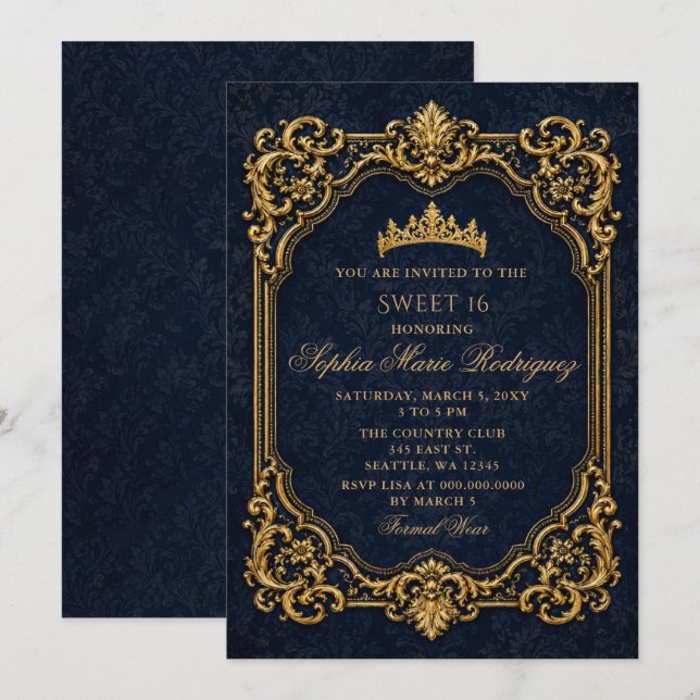 Navy Guld Royal Princess Tiara Sweet 16 Inbjudningar (Fram/baksida)
