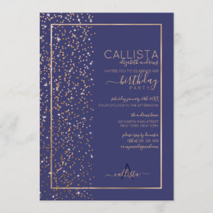 Navy Guld Sparkly Glitter Confetti Side Birthday Inbjudningar