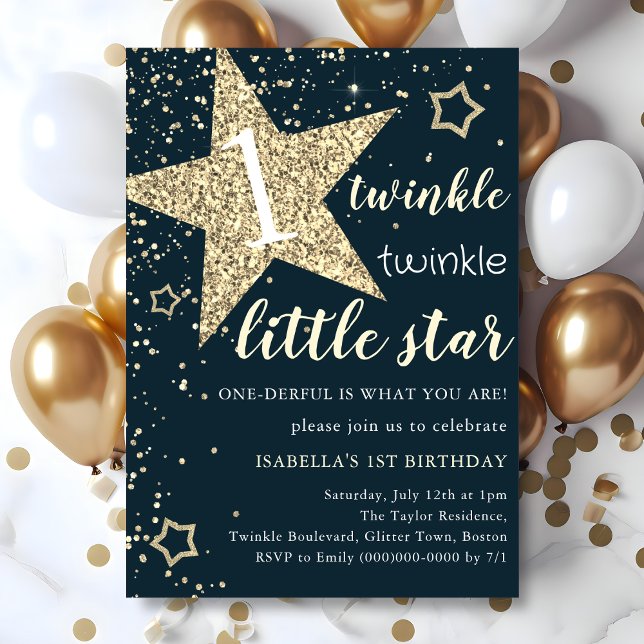 Navy & Guld Twinkle Little Star 1:a födelsedagen Inbjudningar (Skapare uppladdad)