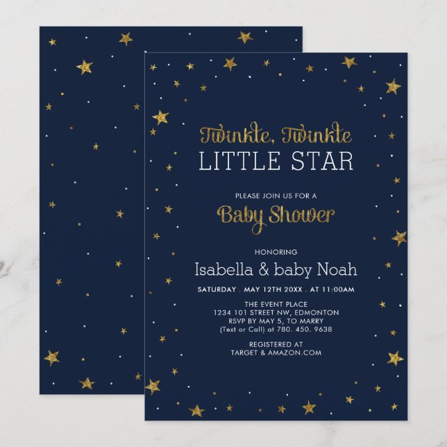 Navy & Guld | Twinkle Little Star Babyfirande Inbjudningar (Fram/baksida)