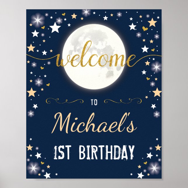 Navy Guld Twinkle Star Boy Birthday Måne Galaxy Poster (Framsidan)
