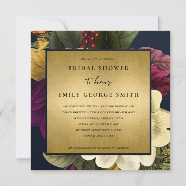 NAVY GULD VINTAGE BURGUNDY BLOMMIGT MÖHIPPA INBJUDNINGAR (Framsida)