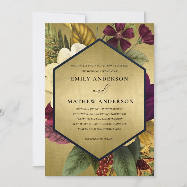 NAVY GULD VINTAGE BURGUNDY OCHRE BLOMMIGT BRÖLLOP INBJUDNINGAR (Framsida)