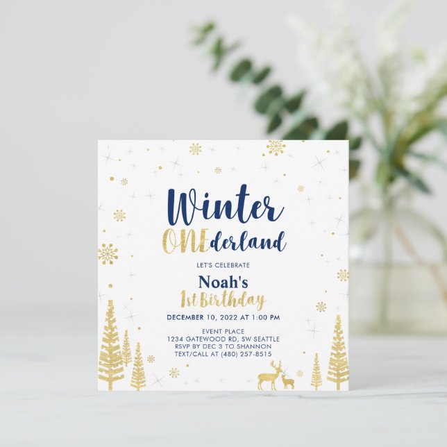 Navy & Guld Vinter Onederland 1:a Första Födelseda Inbjudningar (Stående Fram)