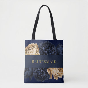 Navy Guld Watercolor Peony Bridesmaid Favor Gift Tygkasse
