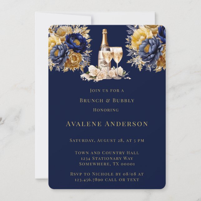 Navy Guld Watercolor Peony Brunch och Bubly Inbjudningar (Framsida)