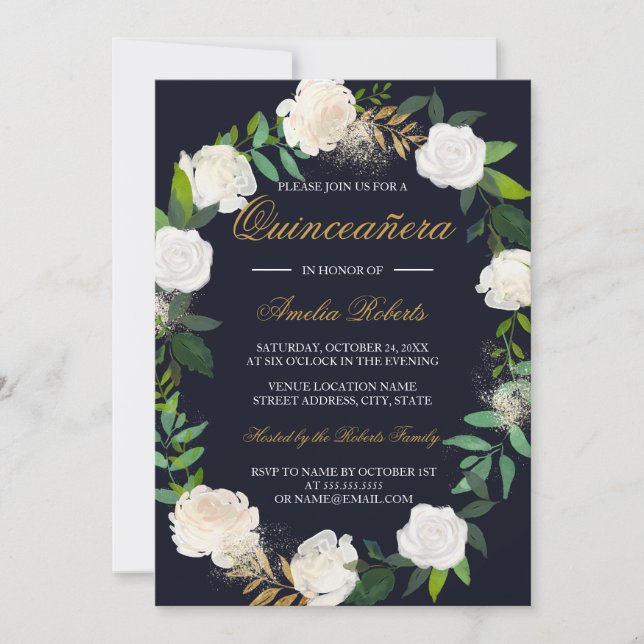 Navy Guld Watercolor Wandefrand Quinceanera Inbjud Inbjudningar (Framsida)