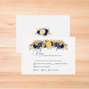 Navy & Guldfärgad Blomsterbukett Bröllop OSA Kort