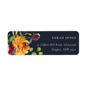 NAVY  GULT ORANGE BLOMMIGT BUNCH ADRESS RETURADRESS ETIKETT