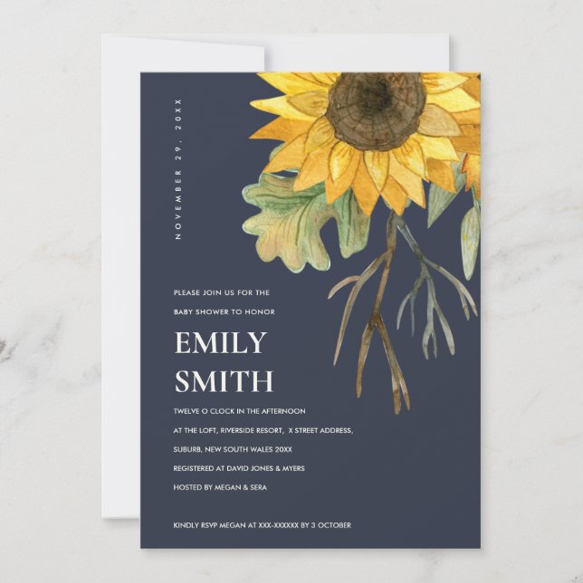 NAVY GULT SUNFLOWER BLOMMIGT BABY SHOWER INBJUDAN (Framsida)
