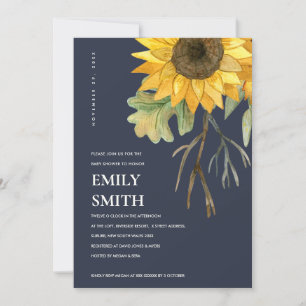 NAVY GULT SUNFLOWER BLOMMIGT BABY SHOWER INBJUDAN