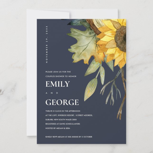 NAVY GULT SUNFLOWER BLOMMIGT COUPLE SHOWER Card Tack Kort (Framsida)