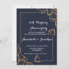 Navy & gyllene blommor Bröllopsjubileum Inbjudningar