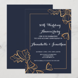 Navy & gyllene blommor Bröllopsjubileum Inbjudningar