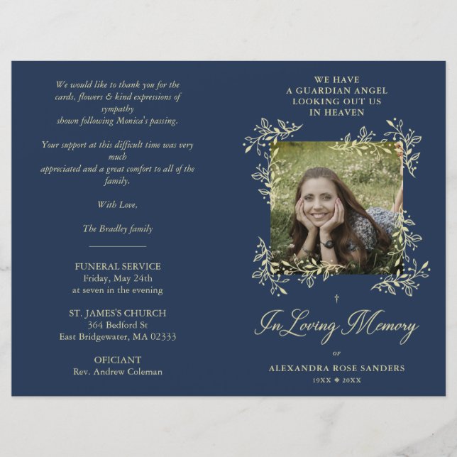 Navy Hand Lettered Chic Flourish Funeral Memorial (Framsida)
