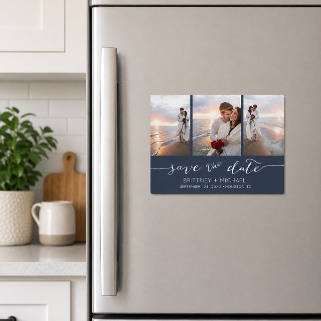 Navy Hand Lettered Foto Collage Spara Datum (Elegant navy blue three photo save the date magnet featuring romantic handwritten script typography)