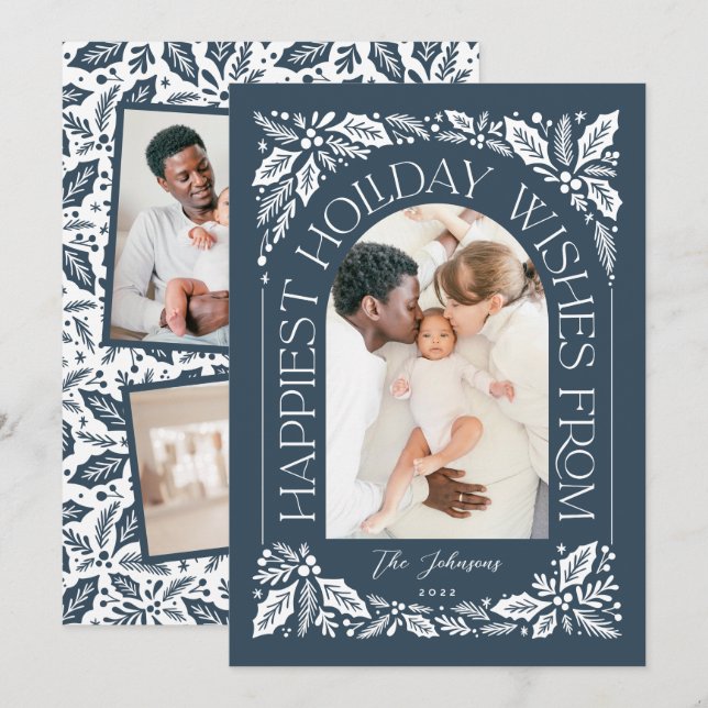 Navy Happiest Önskemål Arch Berry 3 Photo Collage Julkort (Fram/baksida)