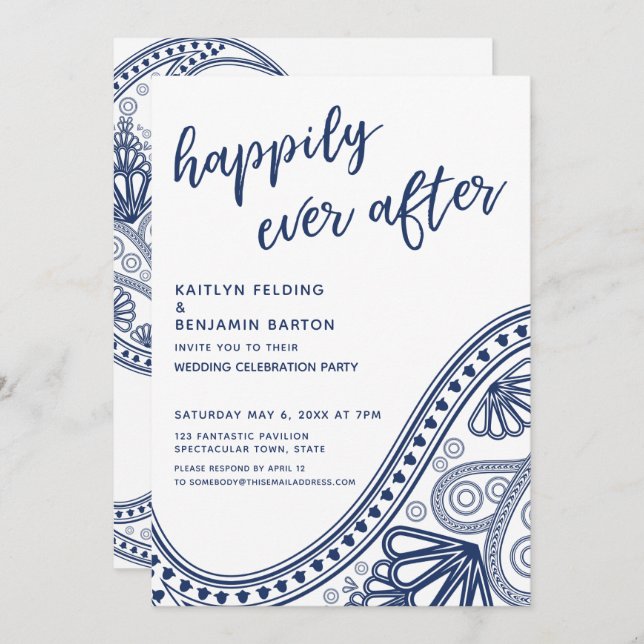 Navy Happily Ever After Paisley Mottagning Endast Inbjudningar (Fram/baksida)