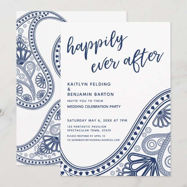Navy Happily Ever After Paisley Mottagning-Only Inbjudningar (Fram/baksida)