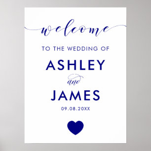 Navy Heart Bröllop Välkomstskylt, Navy Blue Poster