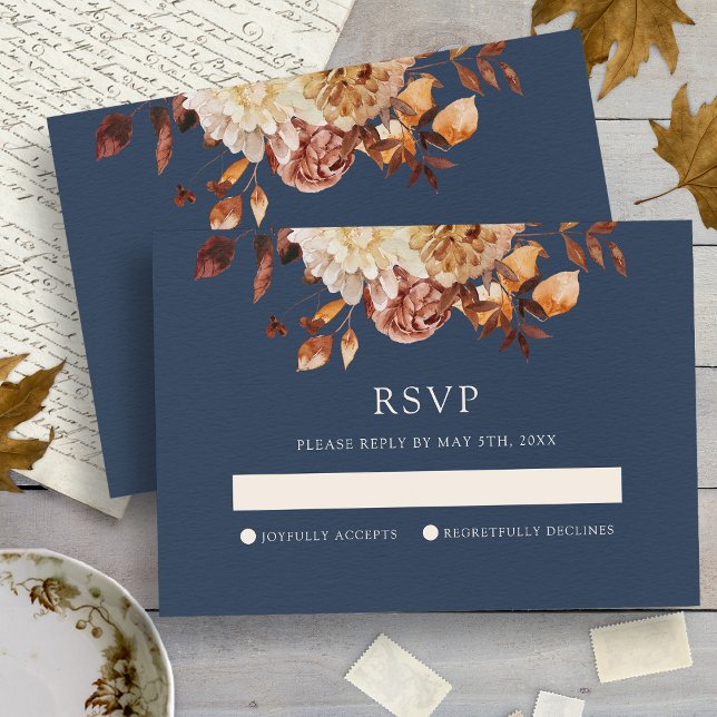 Navy Höst Blommig Bröllop OSA Kort (Navy Fall Floral Wedding RSVP Card
)