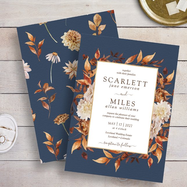 Navy Höst Terrakotta Akvarell Blommig Bröllop Inbjudningar (Navy Fall Terracotta Watercolor Floral Wedding Invitation
)