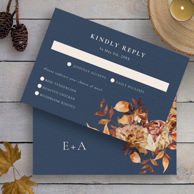 Navy Höstbröllop OSA Kort (Watercolor Navy Blue Fall Wedding RSVP Card Monogram on Back by Painted Paperie
)