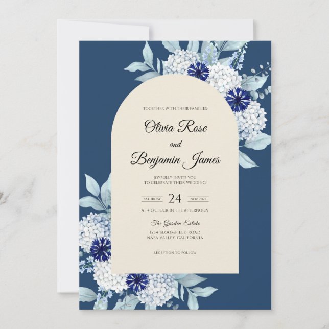 Navy Hydrangea Dämpad Eukalyptus Bröllop Inbjudningar (Framsida)