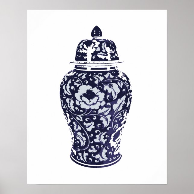 Navy Indigo Blue Söt Blommigt Ginger Burk Vas Poster (Framsidan)